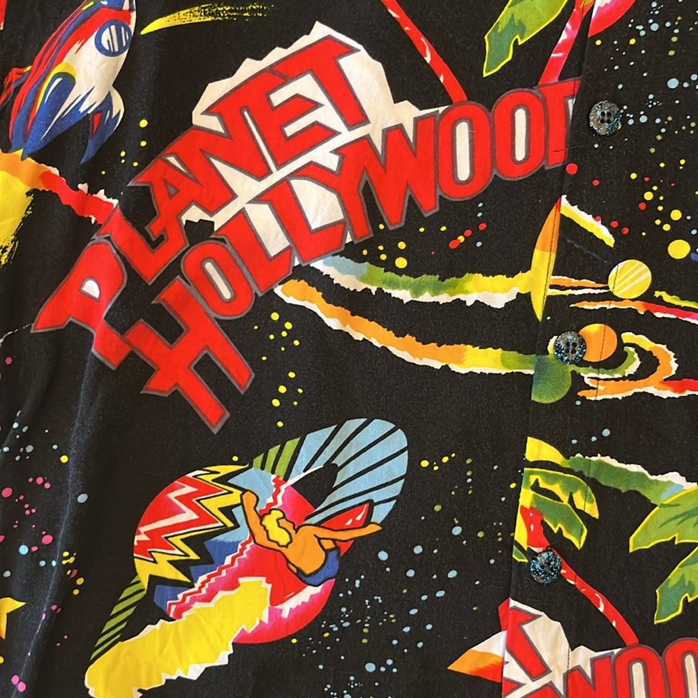 Vintage 90s Planet Hollywood Space‎ Neon Aloha Hawaiian Shirt Men's Sz L Rainbow